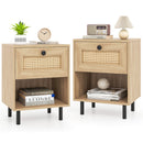 Rattan Nightstand Boho End Table with Rattan Drawer and Open Shelf Set of 2