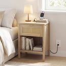 Rattan Nightstand with Charging Station and Storage Shelf for Bedroom