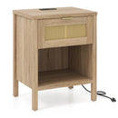 Rattan Nightstand with Charging Station and Storage Shelf for Bedroom