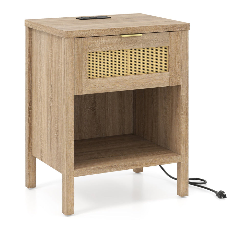 Rattan Nightstand with Charging Station and Storage Shelf for Bedroom