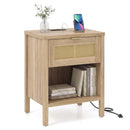 Rattan Nightstand with Charging Station and Storage Shelf for Bedroom