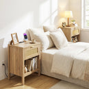 Rattan Nightstand with Charging Station and Storage Shelf for Bedroom