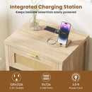 Rattan Nightstand with Charging Station and Storage Shelf for Bedroom