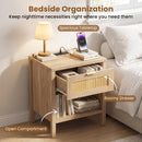 Rattan Nightstand with Charging Station and Storage Shelf for Bedroom