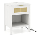Rattan Nightstand with Charging Station and Storage Shelf for Bedroom