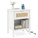 Rattan Nightstand with Charging Station and Storage Shelf for Bedroom