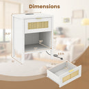 Rattan Nightstand with Charging Station and Storage Shelf for Bedroom