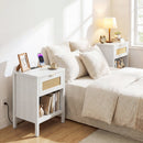 Rattan Nightstand with Charging Station and Storage Shelf for Bedroom