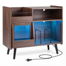 Record Player Stand with LED Light and Power Outlets Large Turntable Stand with Sliding Door-Brown