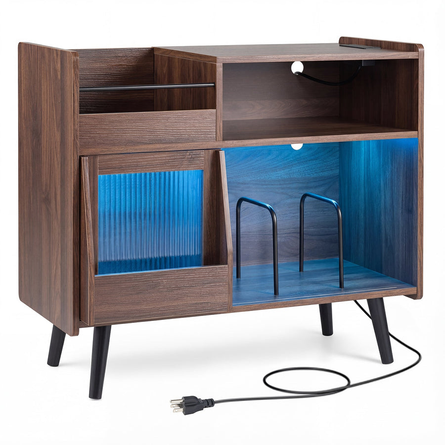 Record Player Stand with LED Light and Power Outlets Large Turntable Stand with Sliding Door-Brown