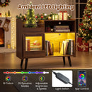 Record Player Stand with LED Light and Power Outlets Large Turntable Stand with Sliding Door-Brown