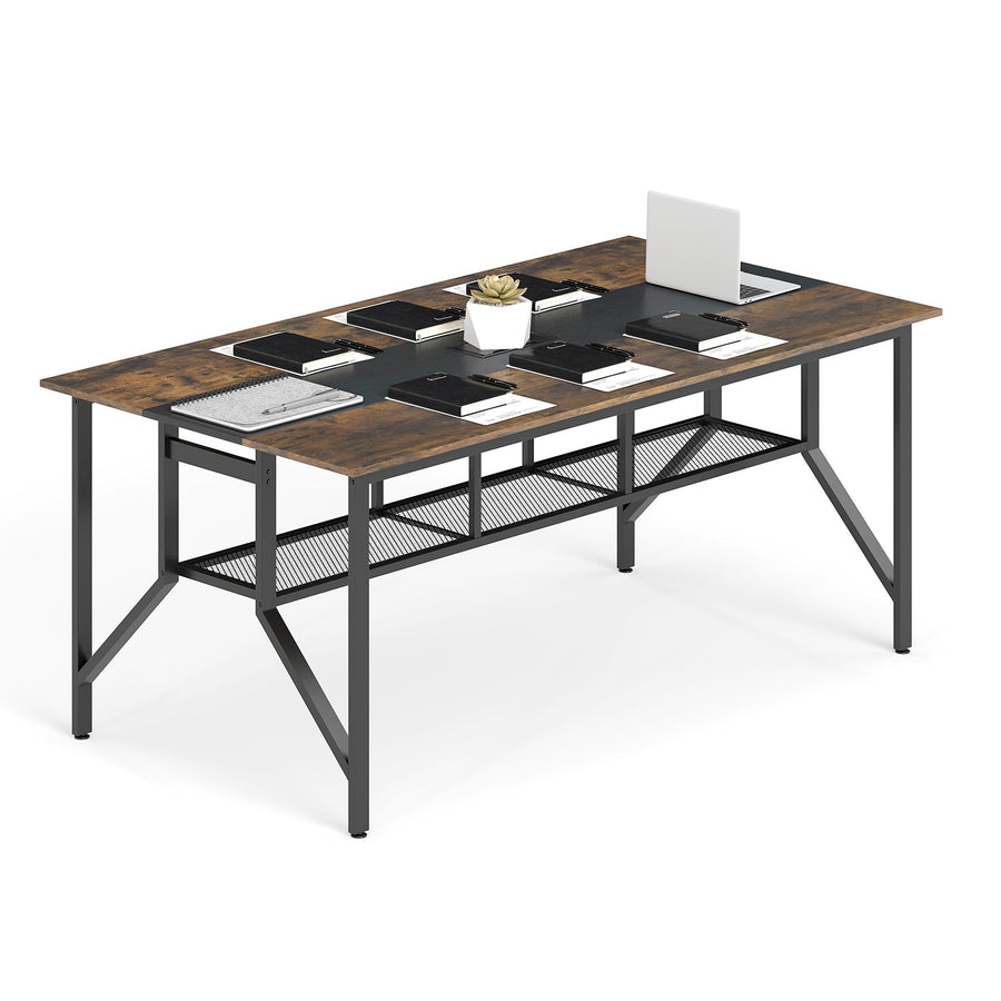 Rectangular Meeting Table with Mesh Storage Shelf and Cable Grommet-Rustic Brown