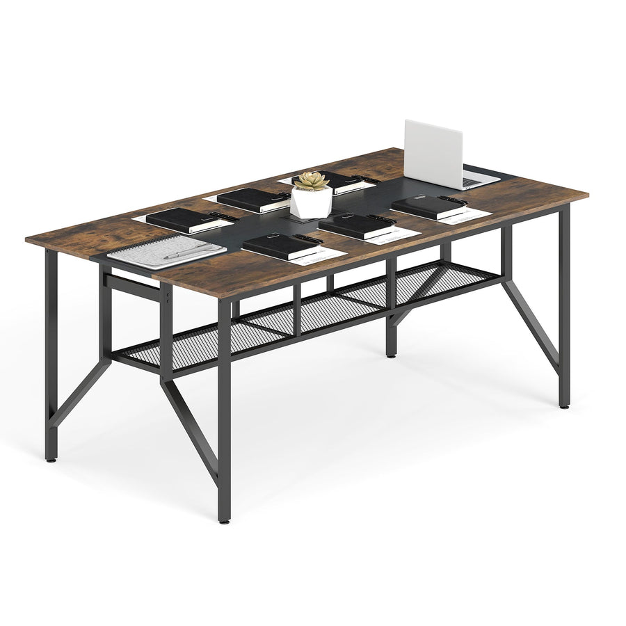 Rectangular Meeting Table with Mesh Storage Shelf and Cable Grommet-Rustic Brown