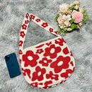 Red Flowers Knitted Single Strap Large Shoulder Tote Bag | 100%Acrylic / One Size  | Handbag