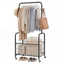 Rolling Metal Clothes Rack with Hanging Rod and Storage Basket