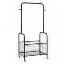 Rolling Metal Clothes Rack with Hanging Rod and Storage Basket
