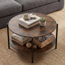 Round Coffee Table 2-Tier Industrial Accent Table with Open Storage Shelf-Rustic Brown