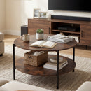 Round Coffee Table 2-Tier Industrial Accent Table with Open Storage Shelf-Rustic Brown