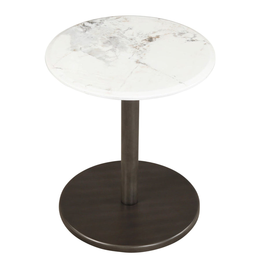 Round Marble Side Table Pedestal End Table with Stone Finish and Wooden