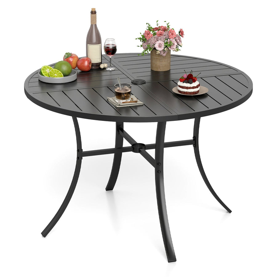 Round Patio Dining Table 42.5 Inch Metal Slat Table with Umbrella Hole