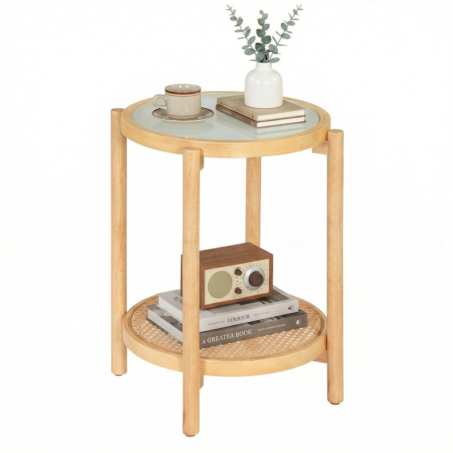 Round Side Table 2-Tier Boho End Table with Tempered Glass Top