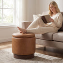 Round Storage Ottoman with Acacia Wood Frame for Living Room and Bedroom
