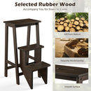 3-in-1 Rubber Wood 3 Tier Folding Step Stool Ladder Storage Shelf-Brown