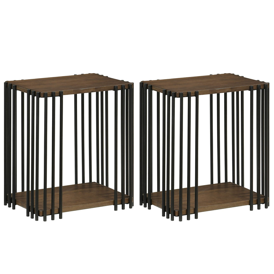 Rubber Wood Side Table Set of 2 with 2-Layer Storage Shelves and Metal Frame-Walnut