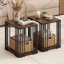 Rubber Wood Side Table Set of 2 with 2-Layer Storage Shelves and Metal Frame-Walnut
