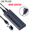 10 Ports USB 3.0 HUB Charging 5Gbps Data Transfer External Splitter Docking Station Power 60W LED Light Switch Convert Adapter