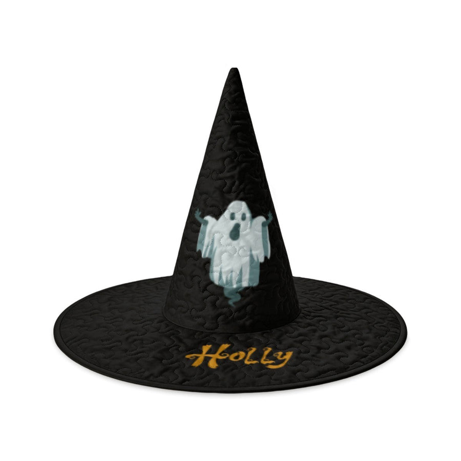 Personalized Ghost Halloween Witch Hat with Custom Name - Illustrated Ghost Character on All-Black Quilted Costume Hat for Adults and Teens