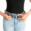BD Wings Logo CLOSE-UP Full Color Black Silver Seatbelt Belt - Born to Raise Hell CLOSE-UP Pink Webbing