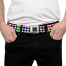 BD Wings Logo CLOSE-UP Full Color Black Silver Seatbelt Belt - Buffalo Plaid White/Multi Color Webbing