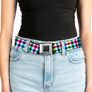 BD Wings Logo CLOSE-UP Full Color Black Silver Seatbelt Belt - Buffalo Plaid White/Multi Color Webbing