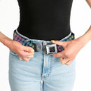 BD Wings Logo CLOSE-UP Full Color Black Silver Seatbelt Belt - Houndstooth Black/Rainbow Webbing
