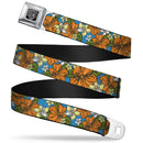 BD Wings Logo CLOSE-UP Full Color Black Silver Seatbelt Belt - Hibiscus Collage Blue/Orange/Yellow Webbing