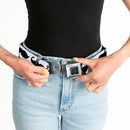 BD Wings Logo CLOSE-UP Full Color Black Silver Seatbelt Belt - Mustache Trio White/Black Webbing