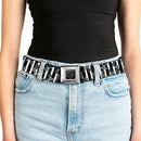BD Wings Logo CLOSE-UP Full Color Black Silver Seatbelt Belt - Cherries Scattered/Vertical Stripe White/Black/Grays Webbing