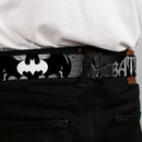 Batman Black Silver Seatbelt Belt - BATMAN w/Bat Signals & Flying Bats Black/White Webbing