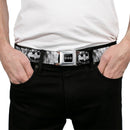 Batman Black Silver Seatbelt Belt - Batman Face/Bat Shield Sketch White/Black Webbing