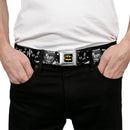 Batman Full Color Black/Yellow Seatbelt Belt - Batman THE DARK KNIGHT and Joker Smiling Sketch Close-Ups Black/White Webbing