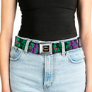 Batman Full Color Black/Yellow Seatbelt Belt - THE JOKER WANTED Smiling Pose and Graffiti Purples/Greens Webbing
