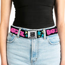 Batman Full Color Black Silver Black Seatbelt Belt - BATGIRL Running w/Stars Black/Pink/Yellow/Blue Webbing