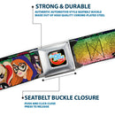 DC SUPERHERO GIRLS Logo Full Color Black Gold Red Blue Seatbelt Belt - DC SUPERHERO GIRLS 9-Character Group Pose Green/Yellow/Pink-Fade Webbing