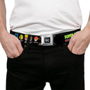 DC Round Logo Black/Silver Seatbelt Belt - DC Originals SUPER HEROES HAVE ISSUES TOO! Faces/Issues Black Webbing