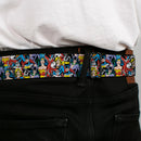DC Round Logo Black/Silver Seatbelt Belt - DC Comics 3-Superheroine/2-Villain Character Collage Webbing