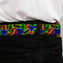 DC Round Logo Black/Silver Seatbelt Belt - Justice League Electric Logos Stacked Black/Multi Neon Webbing