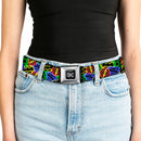 DC Round Logo Black/Silver Seatbelt Belt - Justice League Electric Logos Stacked Black/Multi Neon Webbing