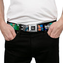 DC Round Logo Black/Silver Seatbelt Belt - Justice League Elite Forces Superheroes Pose/Logos Webbing