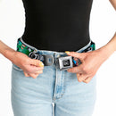 DC Round Logo Black/Silver Seatbelt Belt - Justice League Elite Forces Superheroes Pose/Logos Webbing